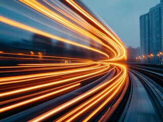Aufkleber - Dynamic Urban Transit Visualization Luminous Speed Lines on Curved Subway Track - Modern Mobility Content for Smart City Innovation and Transportation Marketing