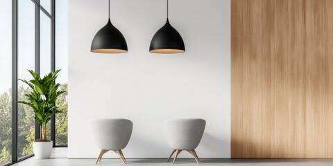 Poster - Scandinavian Office Elegance Minimalist Seating with Wooden Accents and Pendant Lighting - Modern Workspace Design for Corporate Aesthetic Enhancement and Productivity