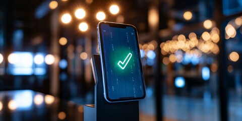 Aufkleber - Minimalist Fintech Interface Sleek Smartphone with Payment Confirmation at High-Tech Cafe Terminal Enhancing Digital Experiences in Modern Retail Environments