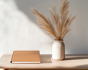 Poster - Minimalist Indian Home Workspace Light Wood Desk with Ceramic Vase and Pampas Grass - Elevating Remote Work with Sustainable Elegance in Modern Interiors