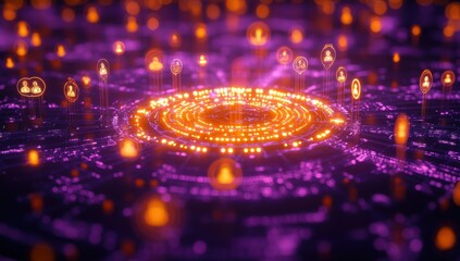 Poster - Abstract digital design of glowing particles and icons representing connections in a vibrant purple and orange color palette, symbolizing technology and networking