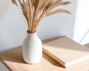 Poster - Minimalist Desk Decor Light Wood Table with Ceramic Vase and Pampas Grass in Sunlit Workspace - Modern Home Office Elegance and Sustainable Design for Remote Work Enthusiasts