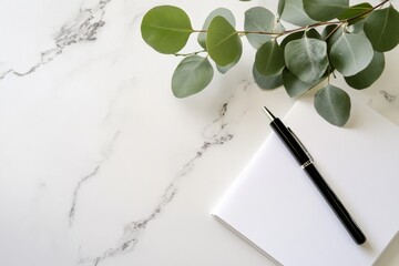 Poster - Minimalist Bullet Journaling Sleek Black Pen and Eucalyptus on Marble for Mindful Productivity - Modern Lifestyle and Wellness Content Creation
