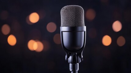 Aufkleber - Retro Microphone Design Vintage Metal Texture with Stage Lights Bokeh - High-Fidelity Sound for Music Events and Audio Equipment Marketing in Entertainment Industry
