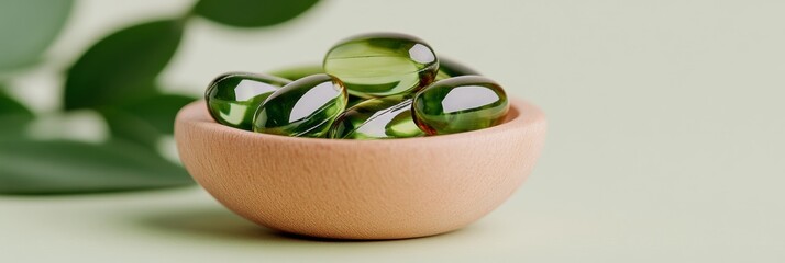 Poster - Minimalist Organic Display Green Gel Capsules in Natural Wooden Bowl - Eco-Friendly Pharmaceutical Content for Sustainable Healthcare Marketing