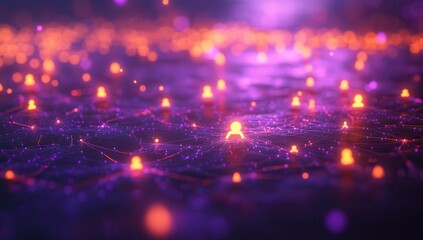 Poster - Abstract digital network with glowing human figures representing connections, communication, and interaction in a futuristic environment
