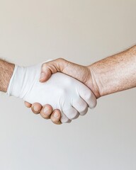 Poster - Trust-Building Medical Handshake Gloved and Bare Hands in Soft-Focus Hospital Corridor - Symbolizing Ethical Collaboration in Modern Healthcare Marketing