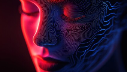 Poster - Abstract digital portrait showcasing intricate line art patterns glowing in vibrant red and blue hues against a dark background, symbolizing technology and creativity