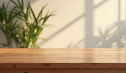 Wall Mural - blank brown wooden counter table in soft sunlight