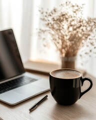 Poster - Minimalist Workspace Aesthetic Oak Desk with Modern Laptop and Coffee - Enhancing Focus and Creativity for Digital Nomads in Tech Innovation and Business Environments