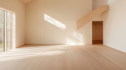 Aufkleber - Natural Minimalist Living Sunlit Open Space with Hardwood Floors in Contemporary Home - Premium Interior Design for Real Estate and Lifestyle Enhancement