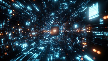 Poster - Abstract digital tunnel with glowing particles and circuit patterns, representing technology, data flow, future, and innovation in a virtual world