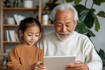 Fototapete - Intergenerational Learning Moment Cozy Wooden Serenity with Asian Grandfather and Granddaughter on Tablet - Tech Literacy and Family Bonding in Modern Educational Content