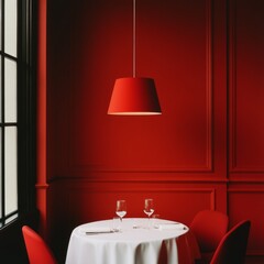 Poster - Chic Minimalist Dining Vibrant Red Decor with White Table Setting - Contemporary Casual Dining Atmosphere for Urban Hospitality Marketing and Restaurant Mood Design