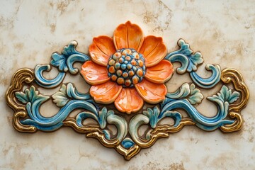 Wall Mural - Orange floral ceramic wall decor, ornate, interior, design element