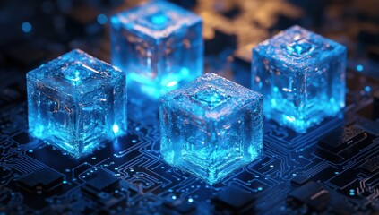 Aufkleber - Abstract futuristic digital technology design featuring glowing ice cubes on a circuit board background with intricate patterns and dazzling effects