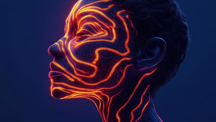 Poster - Abstract Human Profile with Vibrant Neon Patterns in Dark Background, Creative Light Art, Visual Flow, Artistic Portrait Concept for Modern Design