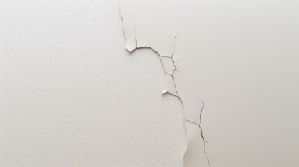 Poster - Close-Up of a Small Crack in a White Ceiling Highlighting Texture and Paint Damage.White empty surface with cracks. Cracked white wall. Crack on white surface. Texture of wall with cracks
