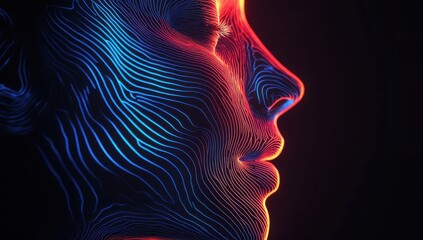 Poster - Abstract portrait of a human face with neon light lines creating an artistic and futuristic look against a dark background