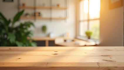 Wall Mural - blank brown wooden counter table in soft sunlight