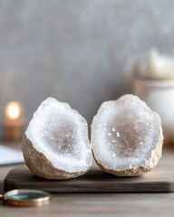 Aufkleber - Minimalist Geode Display Sparkling Crystal Geodes on Wooden Surface - Geotourism Content and Modern Environmental Study Design for Scientific Enthusiasts