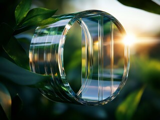 Poster - Crystal Geometry Transparent Ring with Faceted Surfaces Amidst Lush Foliage - Modern Art Showcase and Architectural Concept for Green Design Initiatives