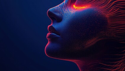 Poster - Abstract portrayal of a glowing female face with dynamic lines and vibrant colors highlighting the contours of the profile against a dark background