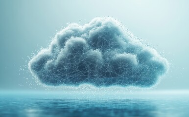 Aufkleber - Abstract representation of a cloud with digital connections and luminous particles above a tranquil water surface in a serene and futuristic setting