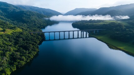 Poster - Aerial Harmony Scenic Hydroelectric Dam Amid Verdant Hills and Pristine Lake - Eco-Visuals for Renewable Energy Advocacy and Sustainable Tourism Storytelling