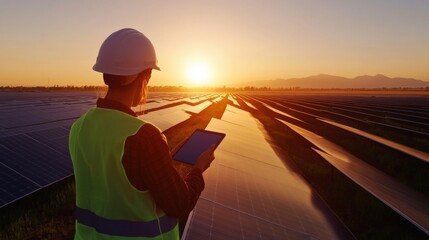 Poster - Sunlit Solar Innovation Latina Technician with Tablet in Reflective Gear at Sunrise - Sustainable Energy Solutions for Modern Industries