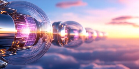 Poster - Futuristic Chrome Energy Pods Innovative Floating Solar Systems with Holographic Interfaces - Advanced Eco Power for Sustainable Commercial Infrastructure