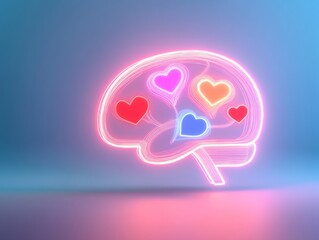 Poster - Neon Brain and Heart Symbols Futuristic Glowing Conceptual Art for Emotional Intelligence Workshops and Digital Marketing Strategies - Colorful Innovation in Tech-Driven Environments