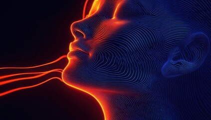 Poster - Abstract representation of a serene woman’s face featuring vibrant neon lines in blue and orange, symbolizing technology and emotional connection