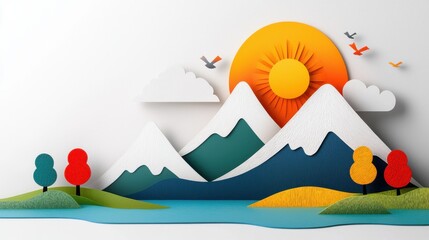 Wall Mural - Vibrant paper cut style depicting a minimalist landscape with a rising sun over snow capped mountains serene lake and lush foliage  A modern geometric