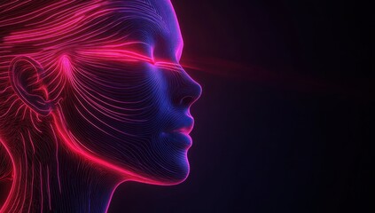 Poster - Abstract representation of a woman’s face with neon lines emitting vibrant colors, highlighting beauty, technology, and creativity in a futuristic style