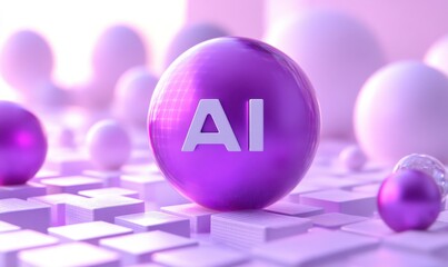 Fototapete - Abstract representation of artificial intelligence technology with a glossy purple sphere featuring AI text surrounded by soft white shapes and glowing elements