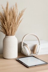 Poster - Scandinavian Workspace Design Minimalist Home Office with Tablet and Headphones - Remote Learning and Productivity Enhancement in Modern Startup Environments