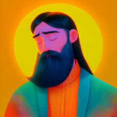 Stylized Character with a Blue Beard Against a Bright Yellow Background Showcasing Artistic Flair