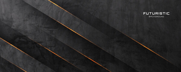 Poster - 3d black rough grunge abstract background overlap layer on dark space with orange lines effect decor