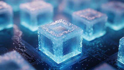 Aufkleber - Abstract representation of digital ice cubes with glowing edges and circuit board pattern, symbolizing technology and innovation in a futuristic manner