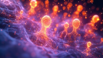Poster - Abstract representation of digital humanoid figures amidst a vivid network of glowing particles and strands in a surreal cosmic environment