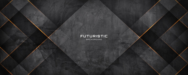 Poster - 3d black rough grunge abstract background overlap layer on dark space with orange lines effect decor