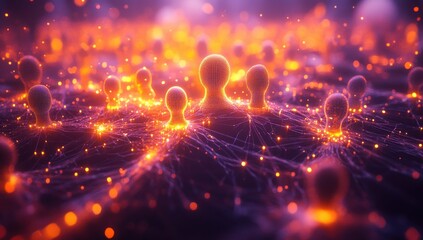 Poster - Abstract representation of interconnected digital figures in glowing network, showcasing technology and innovation in a surreal, vibrant environment