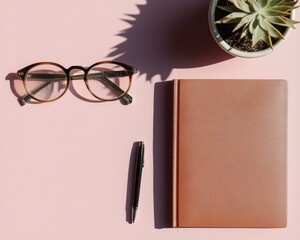 Poster - Modern Workspace Aesthetic Minimalist Desk with Leather Notebook, Glasses and Succulent - Elevating Professional Branding and Minimalist Office Decor