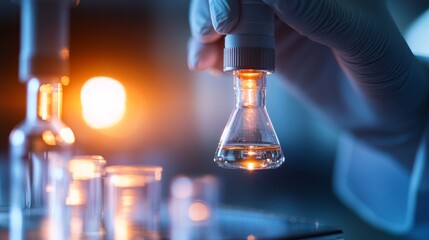 Poster - Futuristic Soft-Hued Laboratory Illuminated Glassware with Fluids and Gloved Hands - Next-Gen Research Aesthetics and Dynamic Scientific Marketing Content