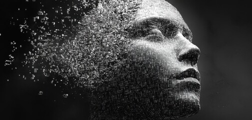 Poster - Abstract Representation of the Human Face Evolving in a Digital Realm, Symbolizing Technology Integration and Transformation of Identity