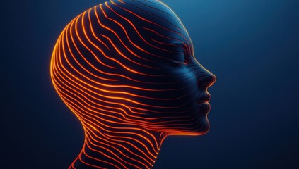 Poster - Abstract silhouette of a human head with glowing neon lines, showcasing the concept of artificial intelligence and modern technology in a futuristic setting
