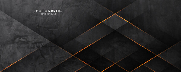 Poster - 3D black rough grunge abstract background overlap layer on dark space with orange lines effect decoration. Modern graphic design element cutout style concept for banner, flyer, card or brochure cover