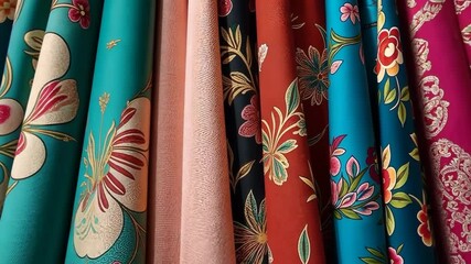 Poster - A row of colorful fabric with flowers on them. The fabric is arranged in a line. The fabric is blue and red
