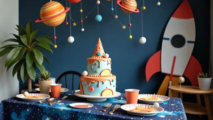 Poster - A table with a cake on it and a rocket on the wall. There are also cups and forks on the table
